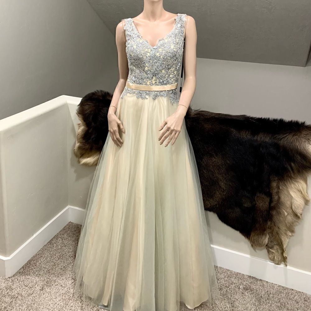 New Elegant Embroidered Floral Lace & Beads Tulle Dress with Shawl